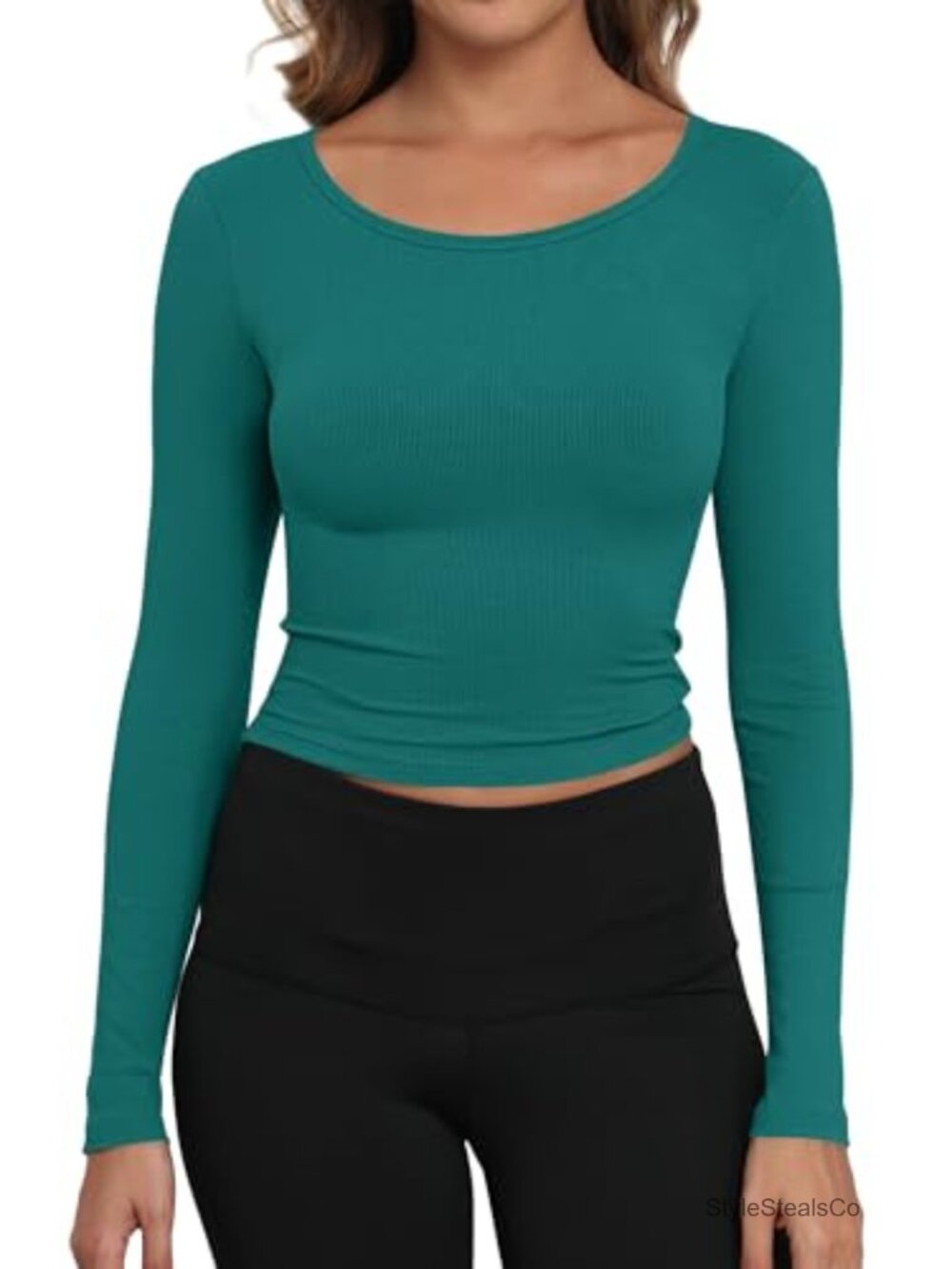 Women's Ribbed Long Sleeve Boat Neck Crop Top - Fitted Stretchy Tee